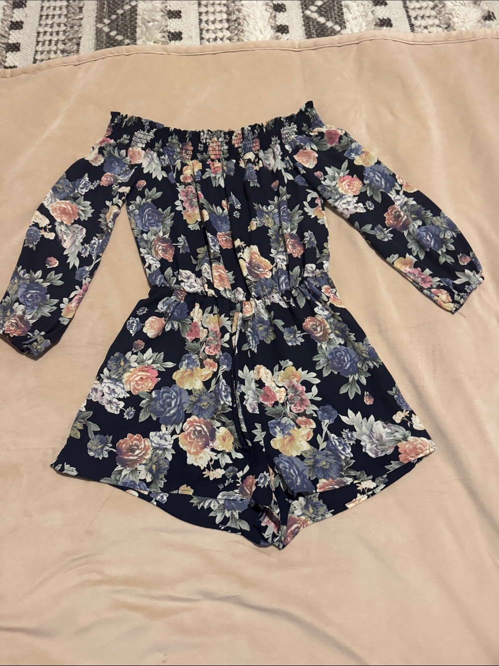 Navy Floral Off-Shoulder Long-Sleeve Women's Romper